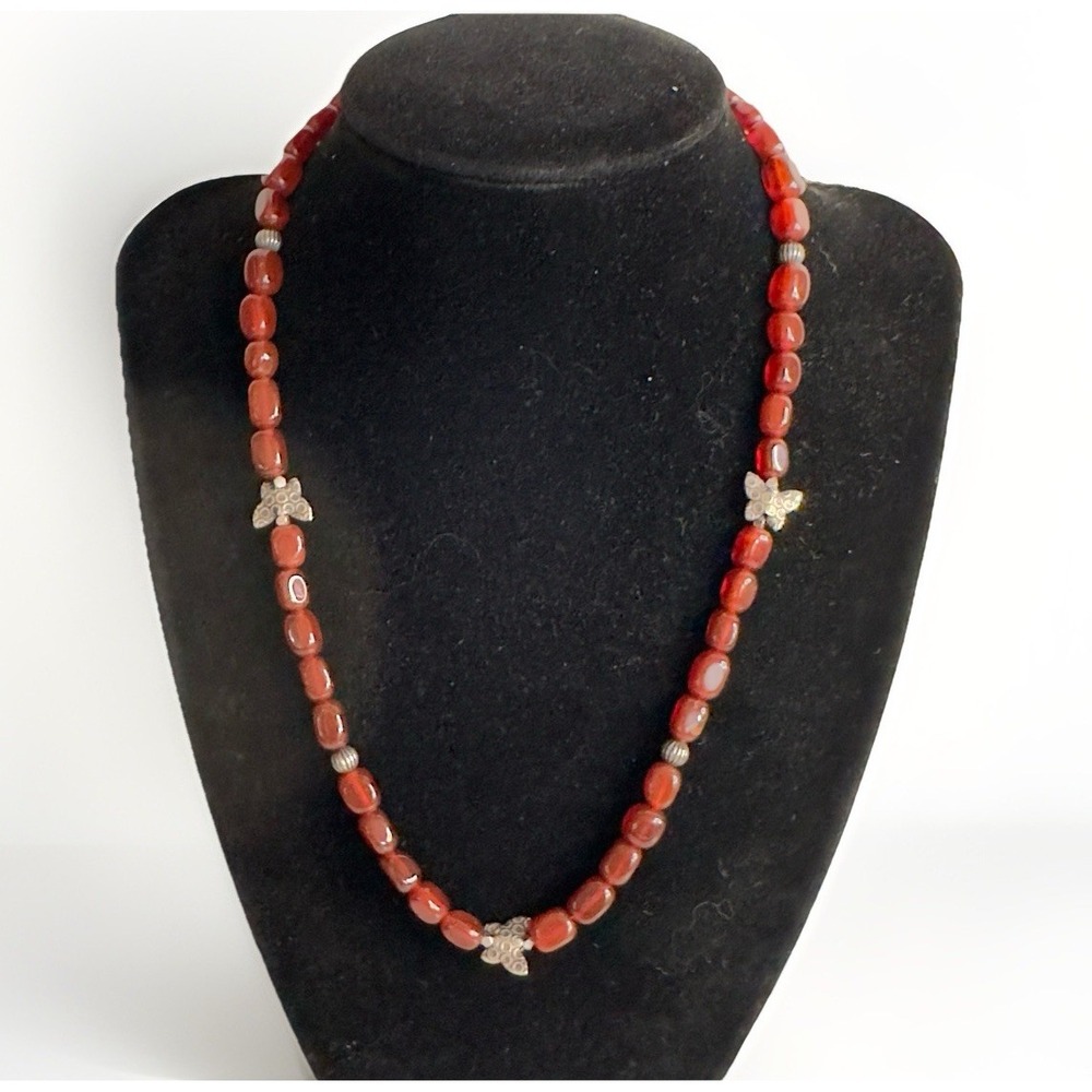 Artisan Carnelian Necklace Sterling Silver Clasp & Butterfly Accents Vintage 17"